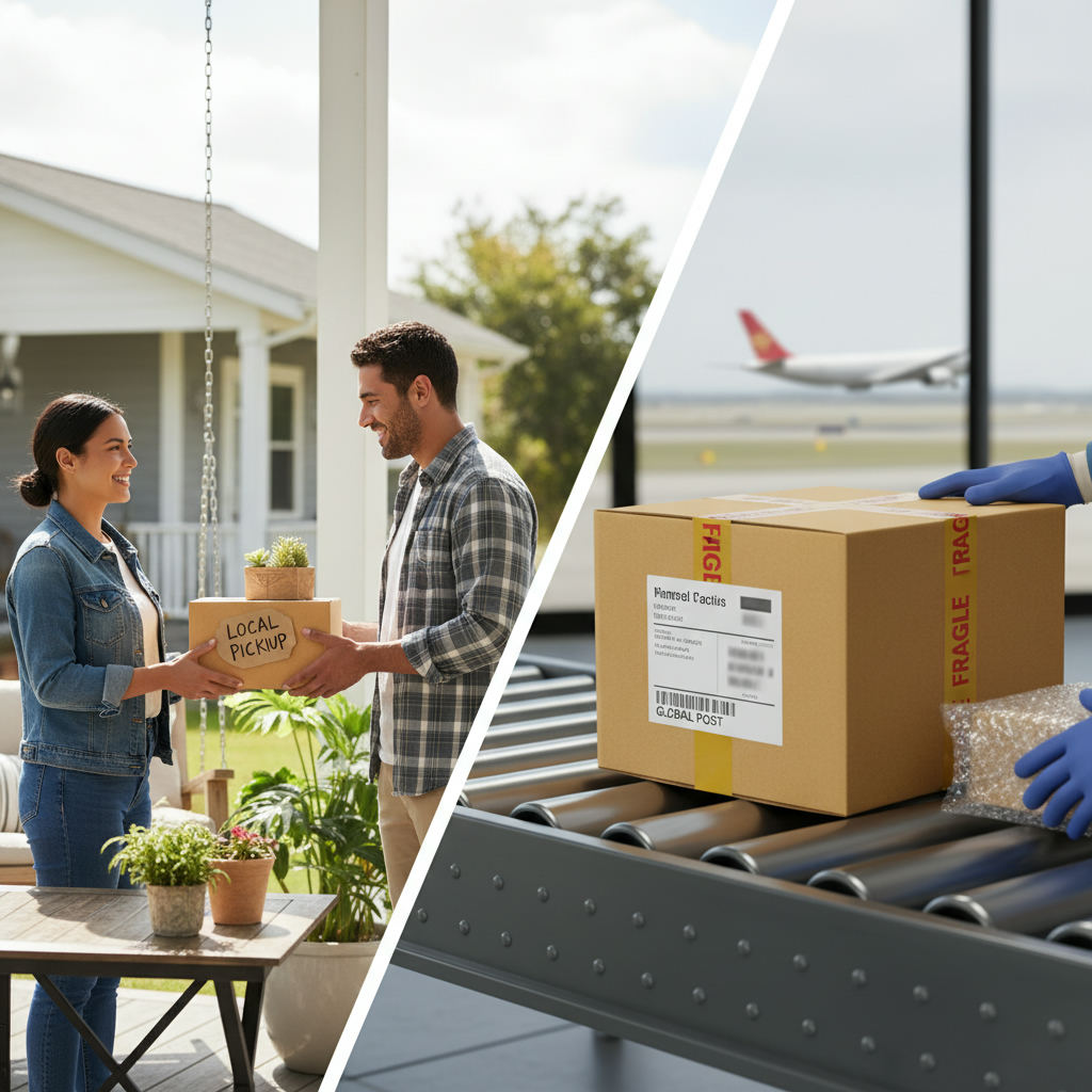 Split view of local pickup sale and shipped parcel — alternatives to facebook marketplace guide (FlipAI)