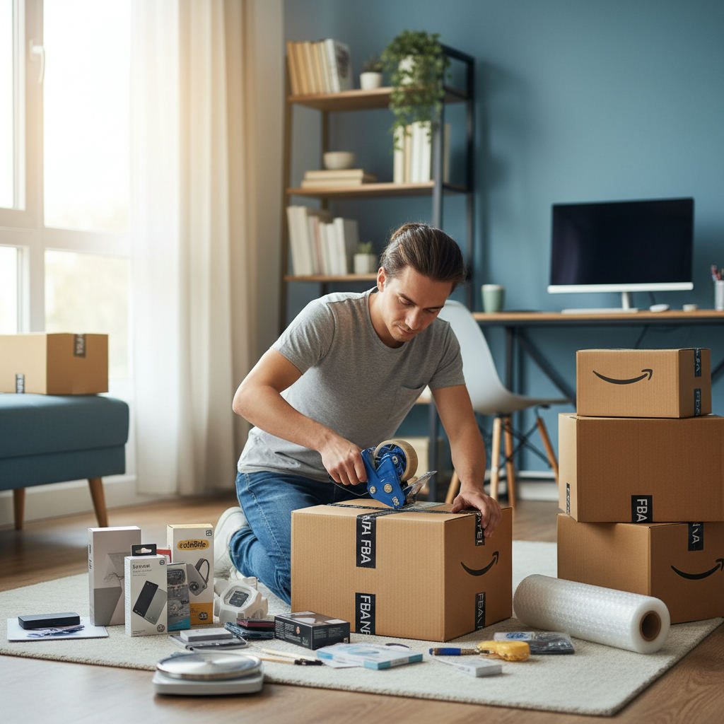 Person packing amazon fba boxes at home — amazon retail arbitrage for beginners guide (FlipAI)