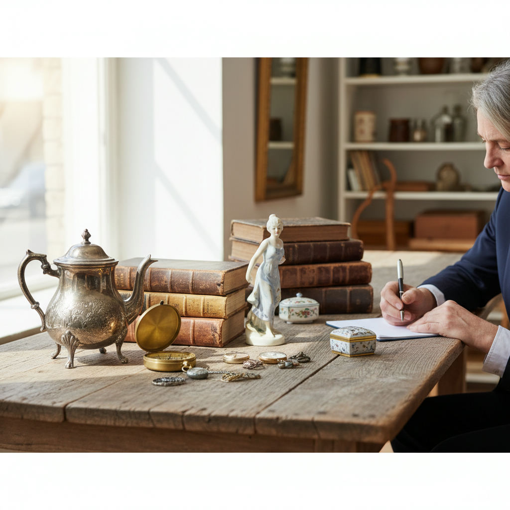 Assorted antiques on table being appraised — antique value lookup guide (FlipAI)