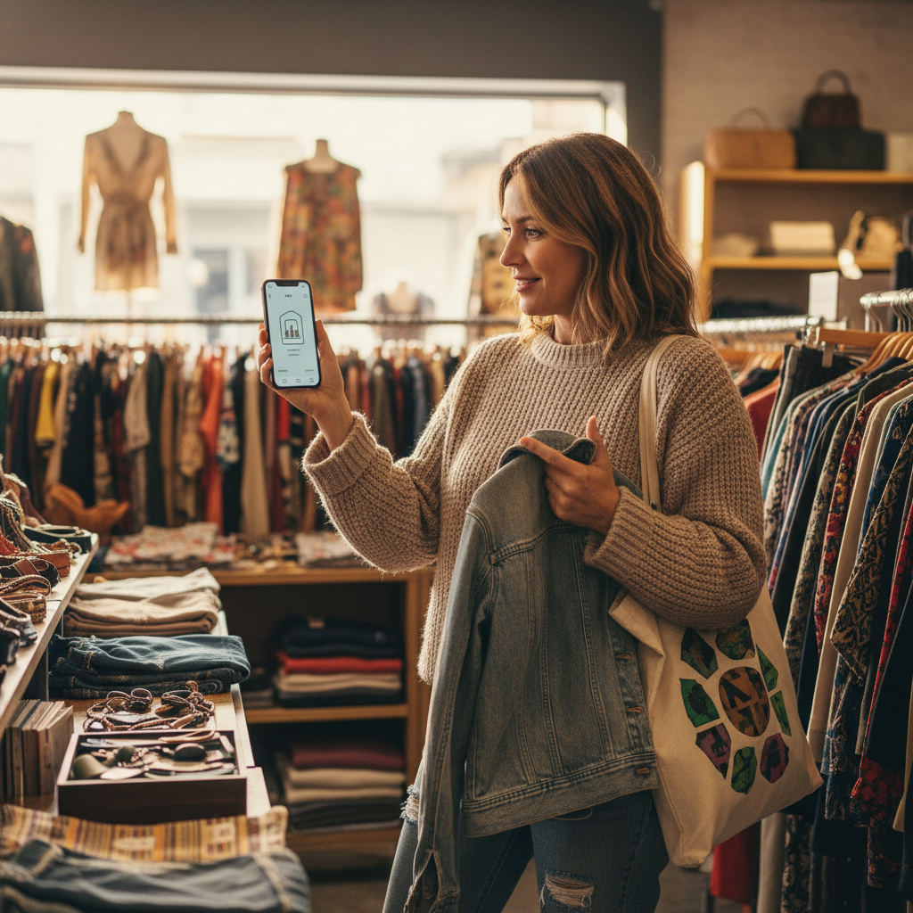 Person using phone app while sourcing thrifted items — app for resellers guide (FlipAI)