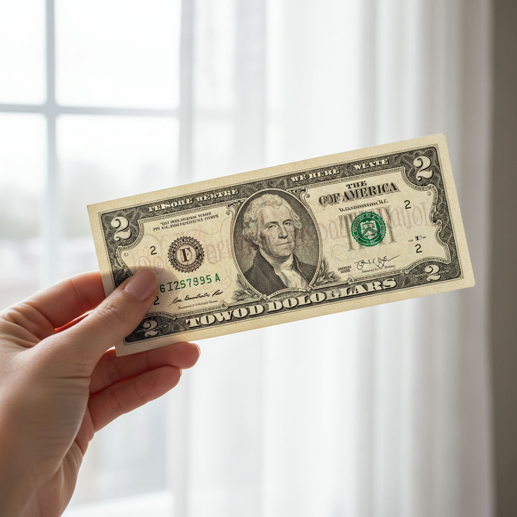 Hand holding a two dollar bill up to light — are 2 dollar bills worth anything guide (FlipAI)