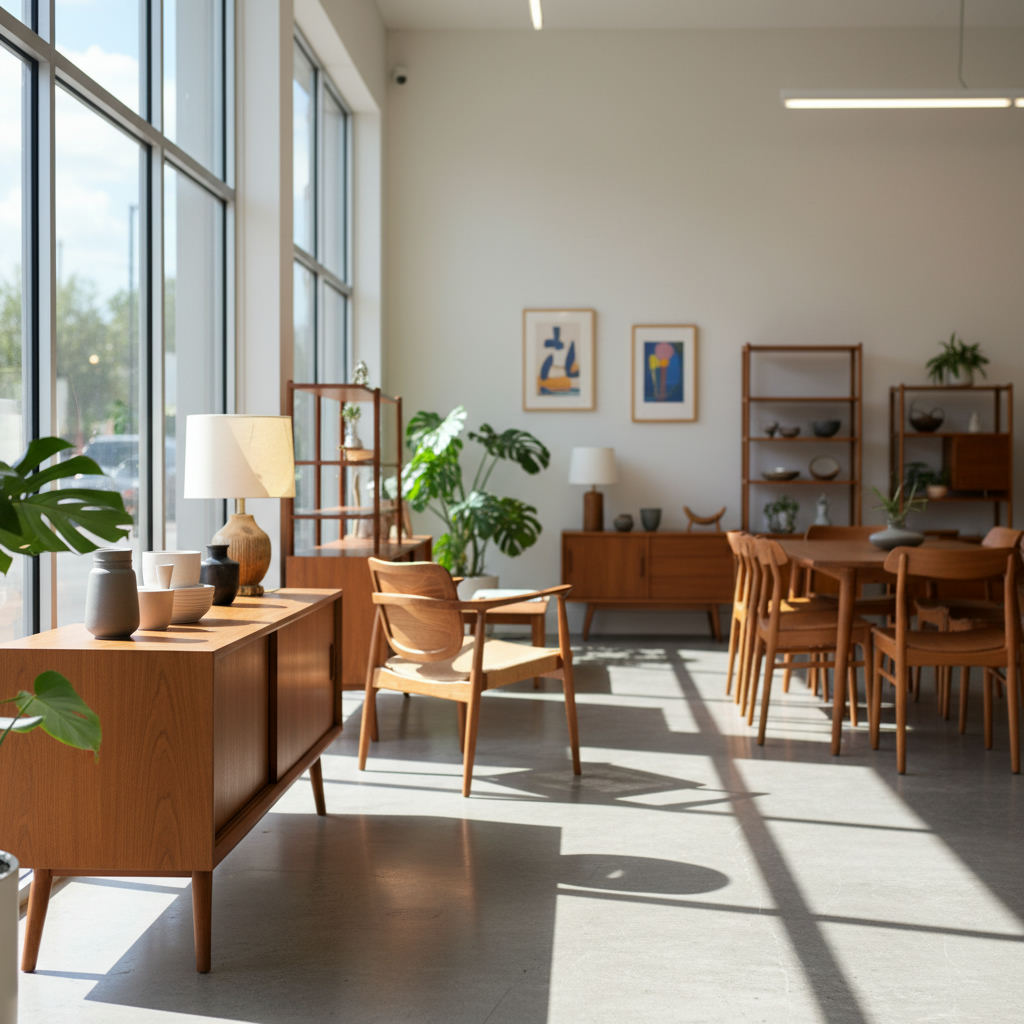 Mid century modern furniture shop interior teak — are vintage furniture shops worth it guide (FlipAI)
