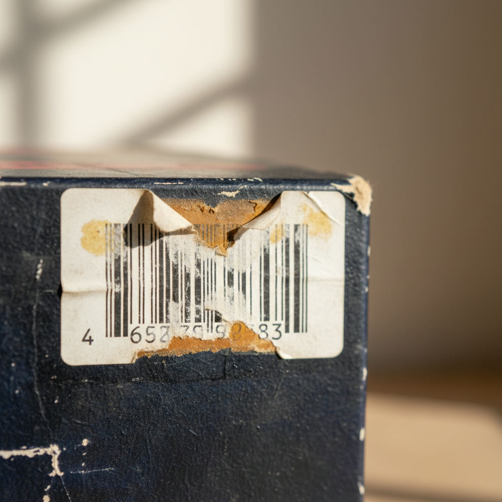 Torn faded barcode label on product close up — barcode damaged or missing guide (FlipAI)