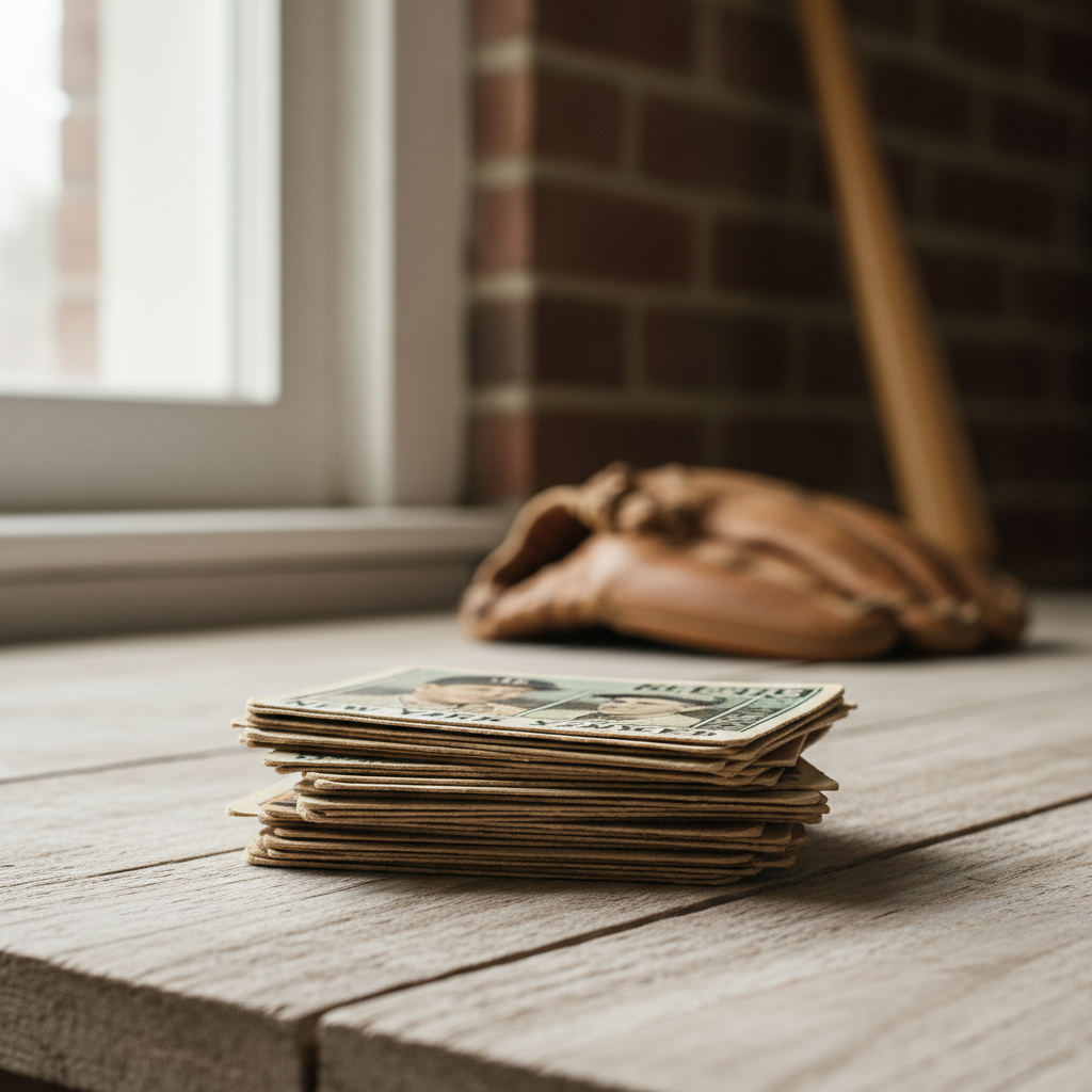 Vintage baseball cards stacked on wood table — baseball card values guide (FlipAI)