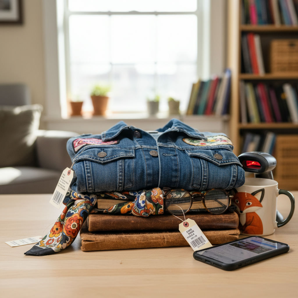 Stack of thrifted items ready to scan and list — batch scanning items Tennessee guide (FlipAI)