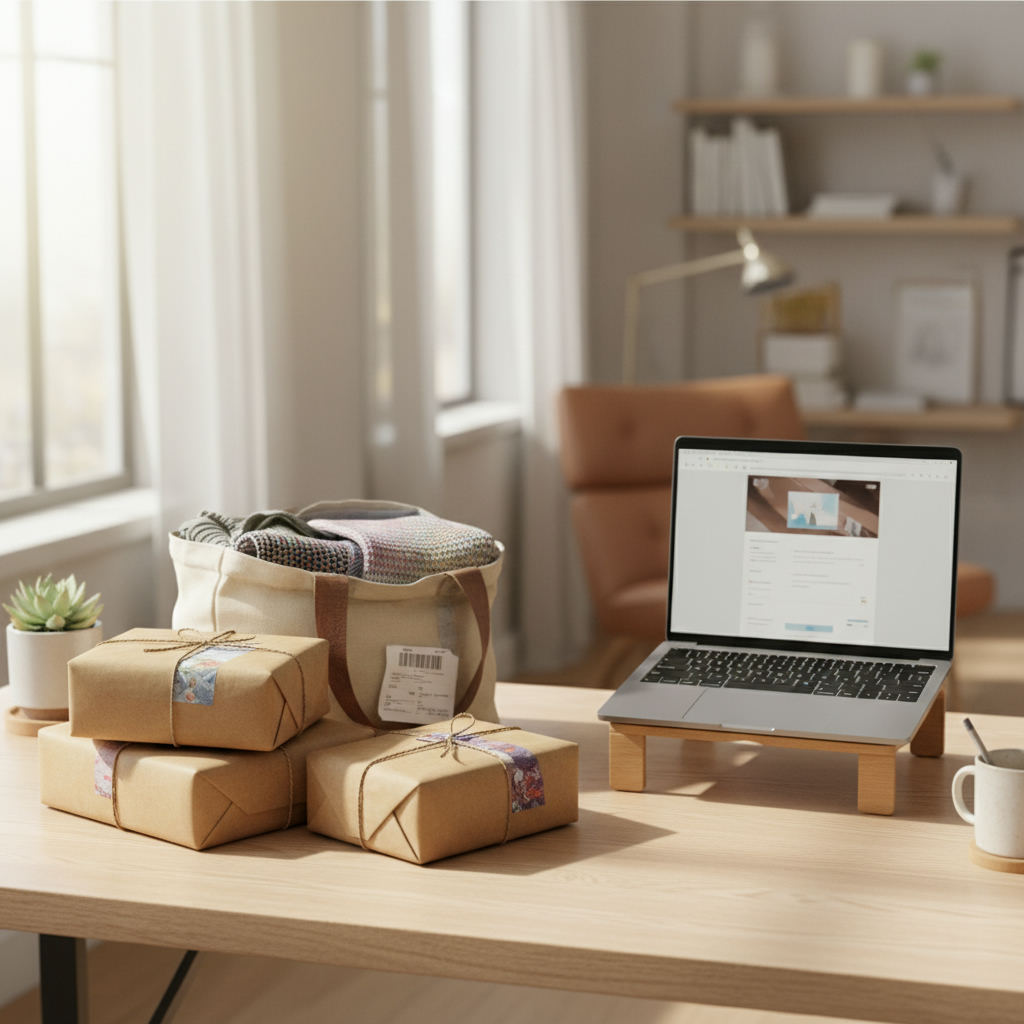 Secondhand clothing packages and laptop on desk — best online thrift stores guide (FlipAI)