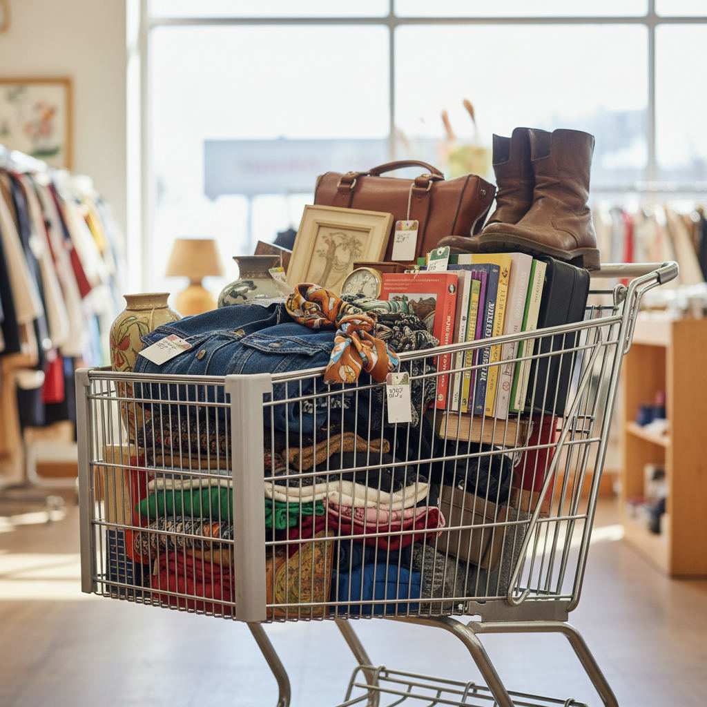 Reseller cart full of thrifted inventory — best thrift stores for resellers guide (FlipAI)
