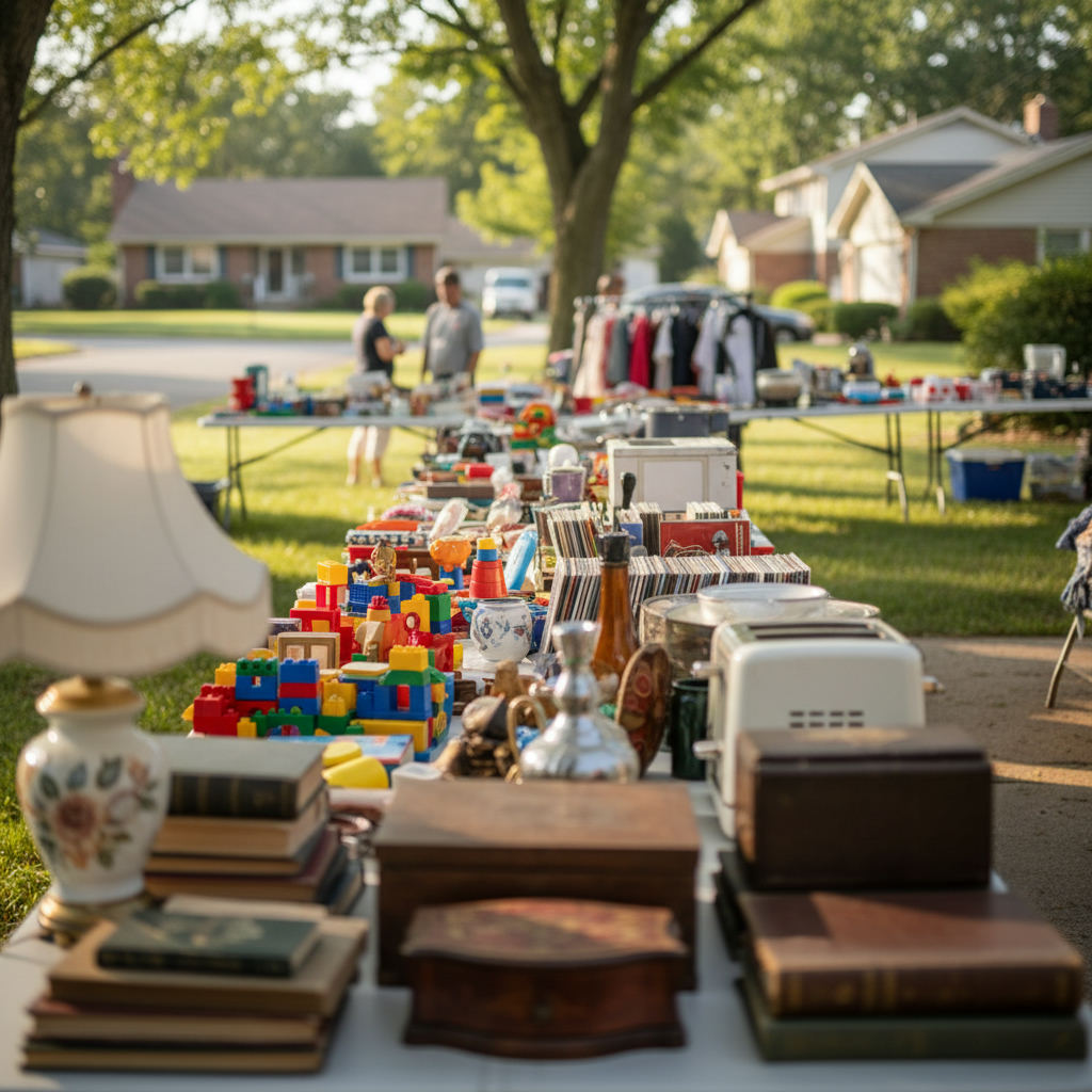 Neighborhood yard sale tables with assorted items — buy sale trade near me guide (FlipAI)