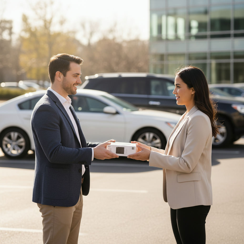 Two people exchanging an item in a parking lot meetup — buy sell and trade near me guide (FlipAI)