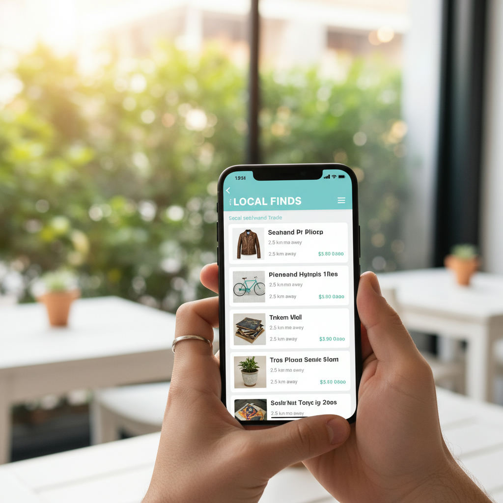 Phone showing local trade listings with secondhand items — buy sell or trade guide (FlipAI)