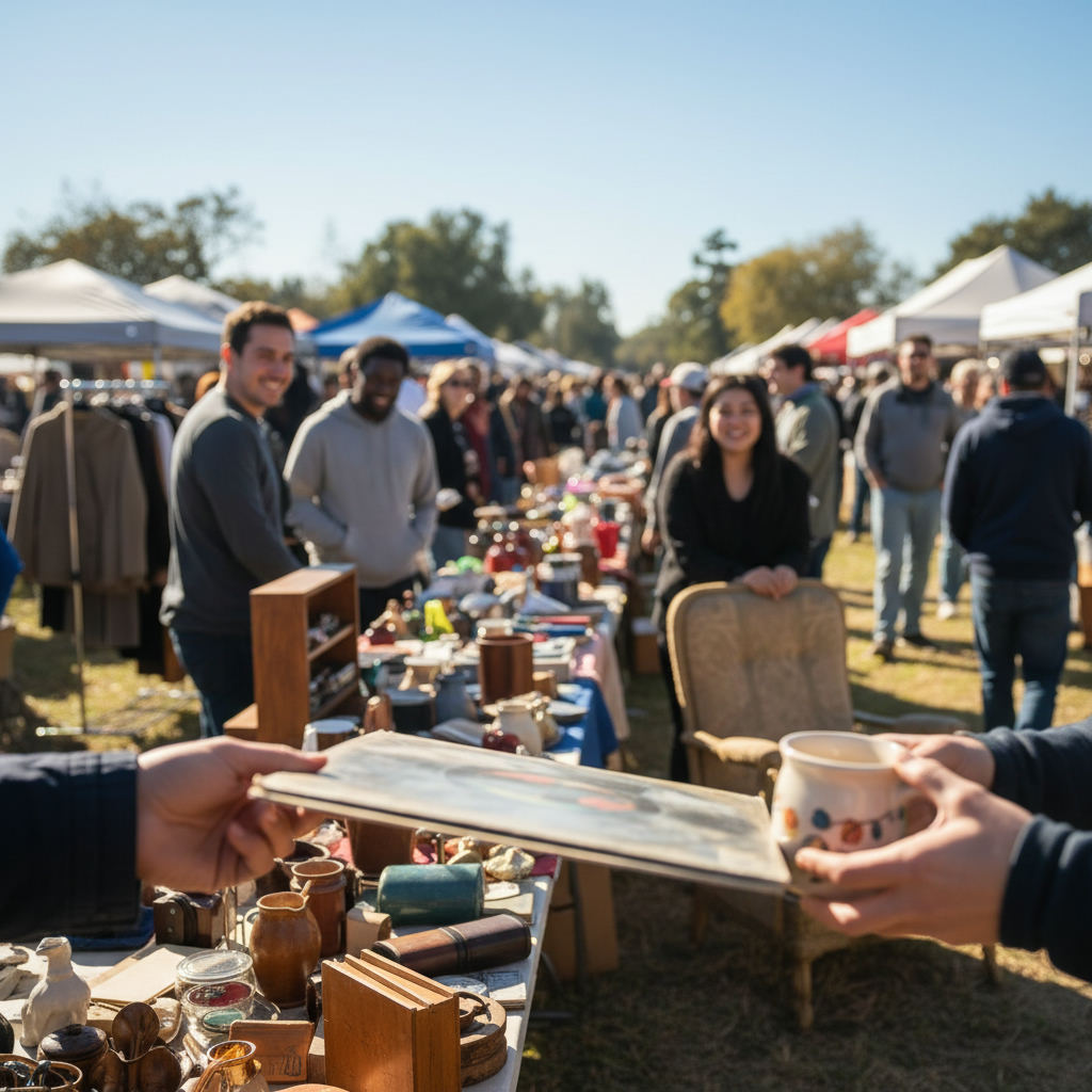 People trading secondhand goods at a local swap meet — buy sell trade guide (FlipAI)