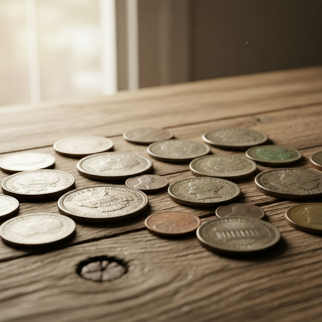 Old US coins spread on wooden table close up — coin values guide (FlipAI)