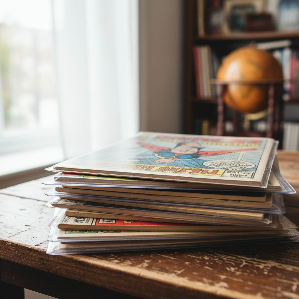 Vintage comic books in protective sleeves stack — comic book value lookup guide (FlipAI)