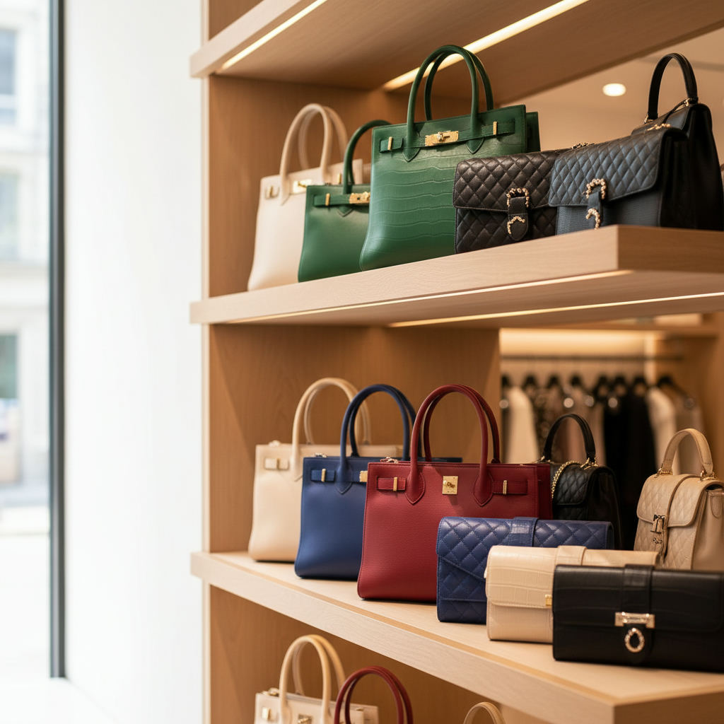 Luxury handbags on shelf boutique lighting — designer bag resale value guide (FlipAI)