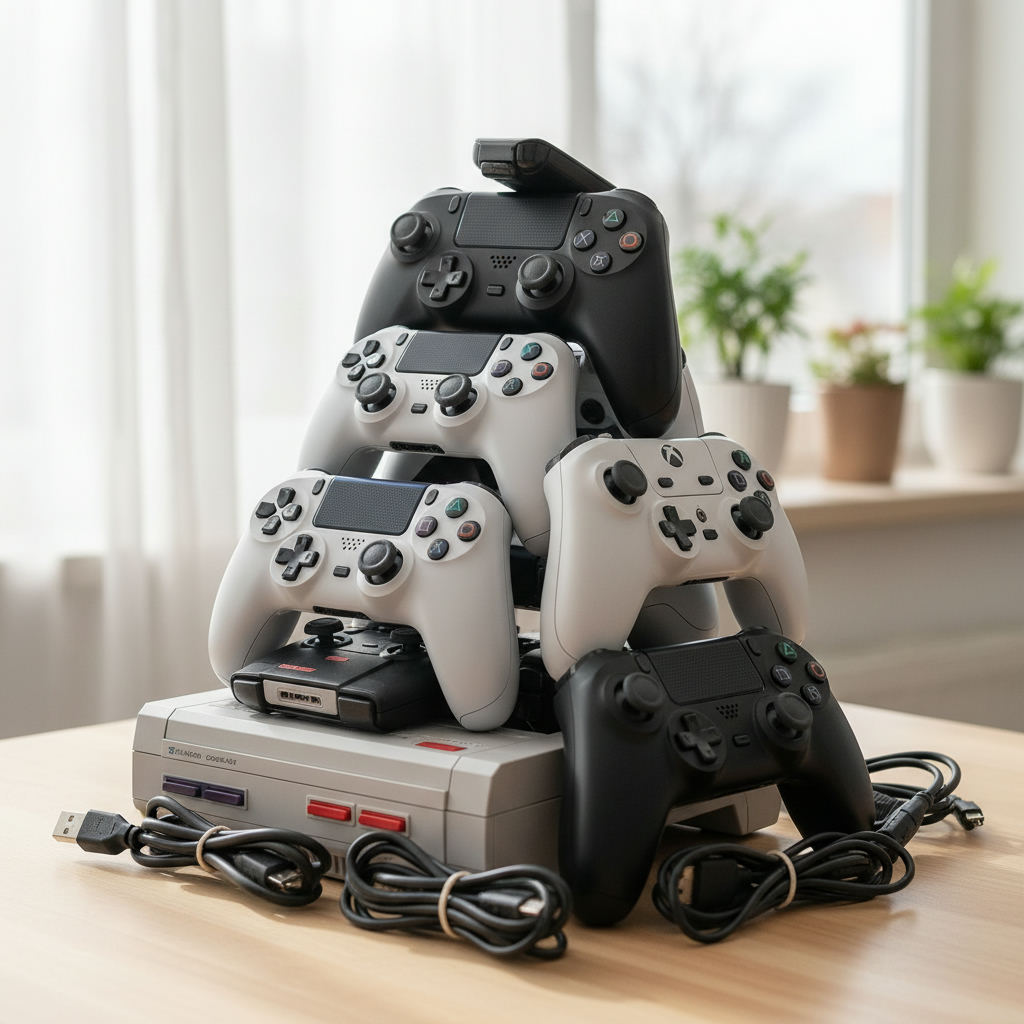 Game consoles controllers stacked for resale — gaming console resale value guide (FlipAI)