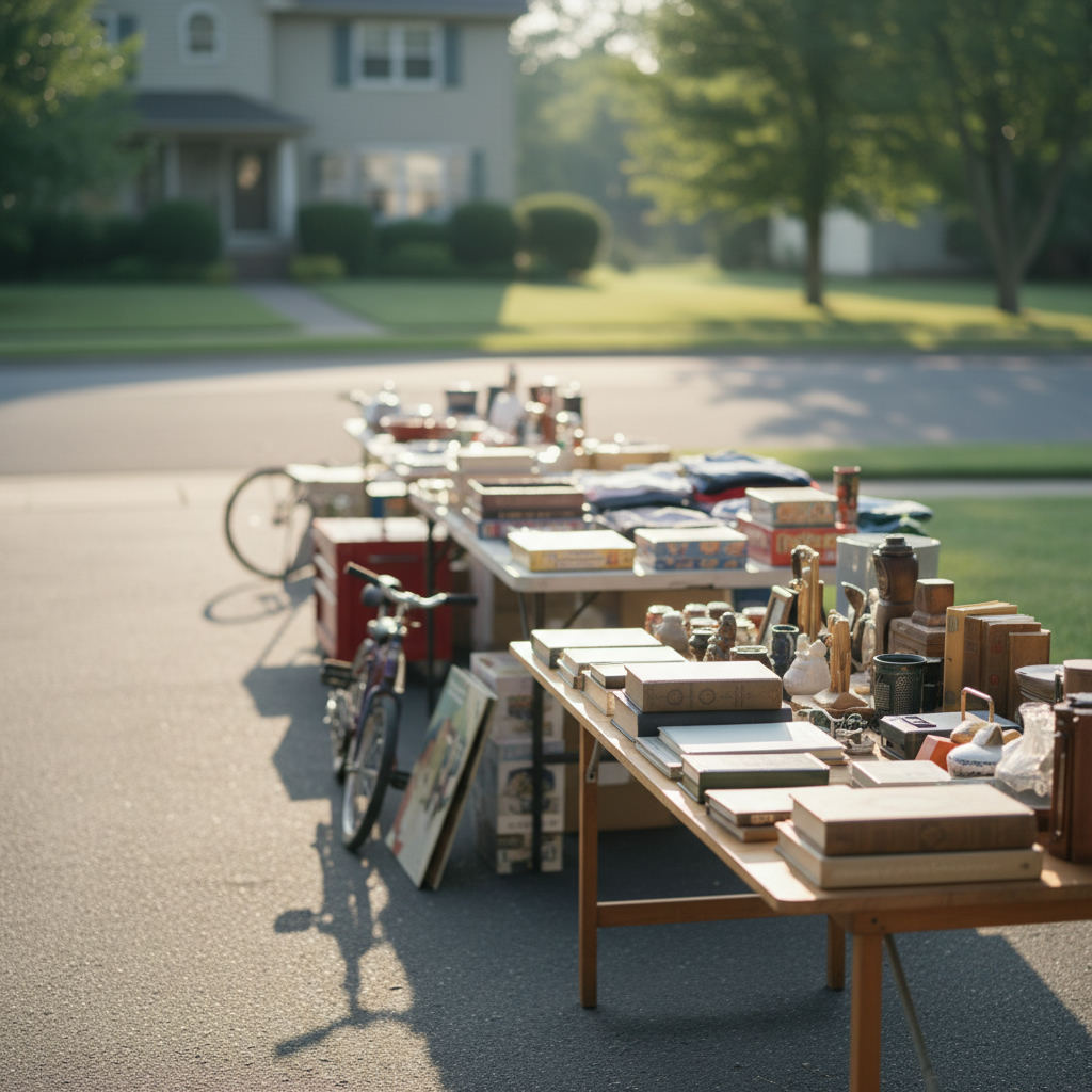 Garage sale tables items driveway morning — garage sale flipping guide guide (FlipAI)