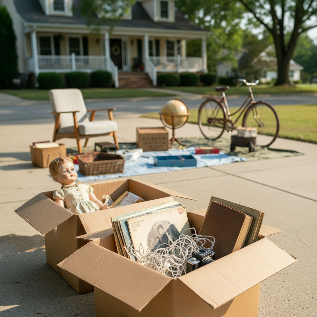 Garage sale yard sale finds boxes driveway — garage sales Illinois guide (FlipAI)