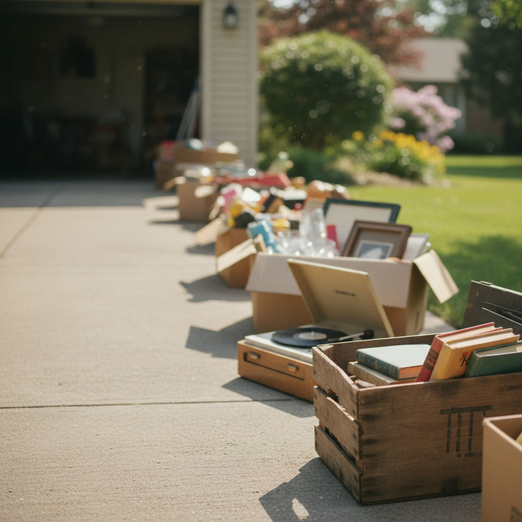 Garage sale yard sale finds boxes driveway — garage sales North Dakota guide (FlipAI)