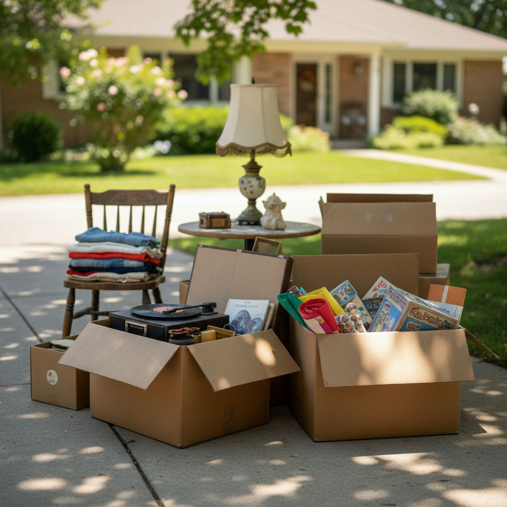 Garage sale yard sale finds boxes driveway — garage sales Washington guide (FlipAI)