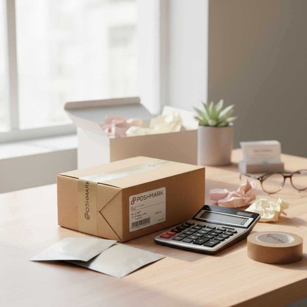 Poshmark parcel and calculator on desk — how much does poshmark take guide (FlipAI)