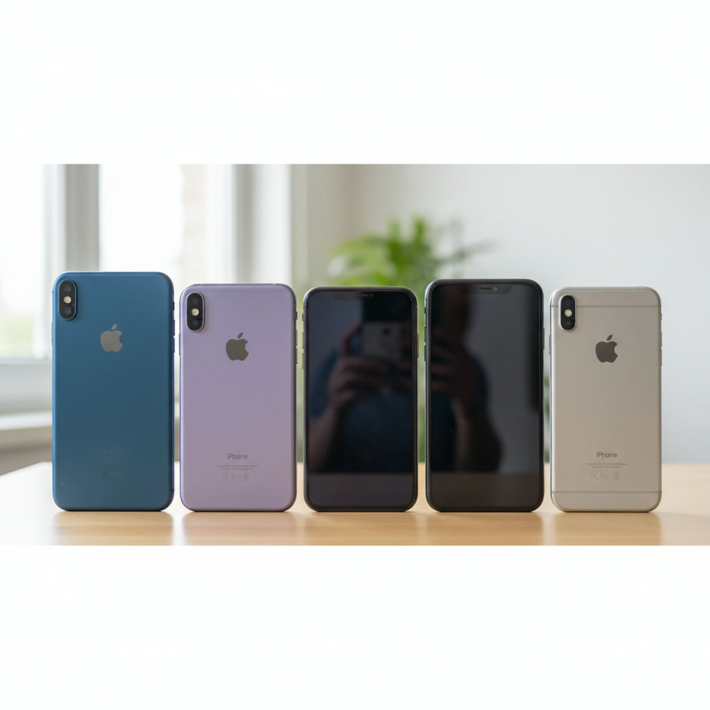 Used iphones lined up on desk for resale — how much is my iphone worth guide (FlipAI)