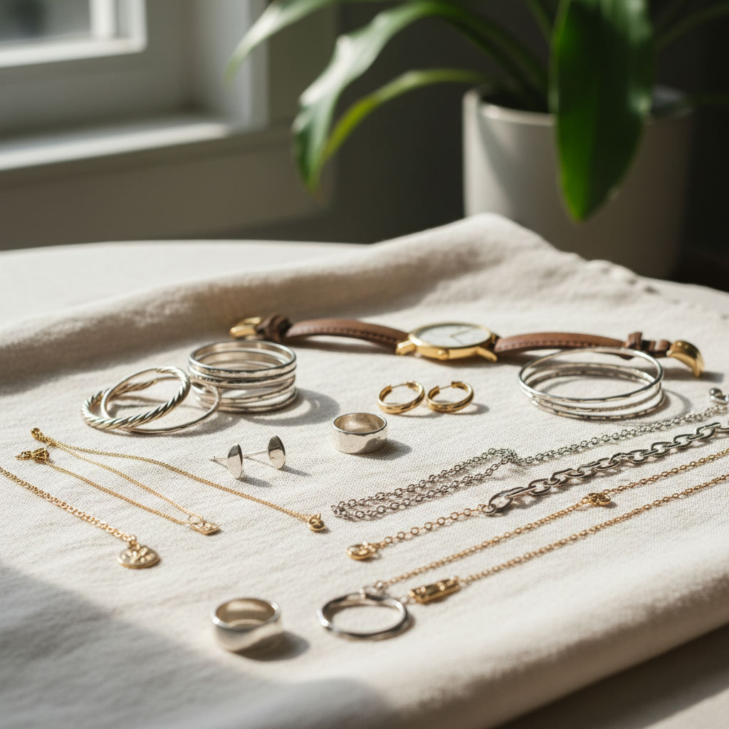 Assorted gold and silver jewelry on cloth — how much is my jewelry worth guide (FlipAI)