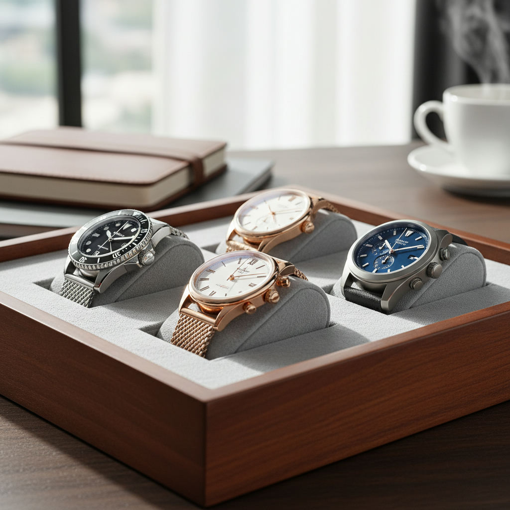 Wristwatches on display tray close up — how much is my watch worth guide (FlipAI)