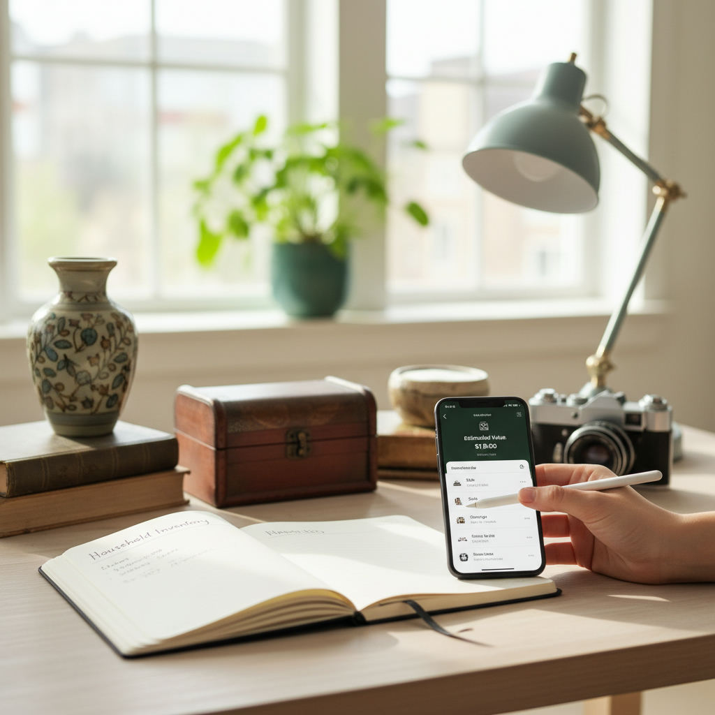 Notebook and phone valuing household goods — how to find a value guide (FlipAI)
