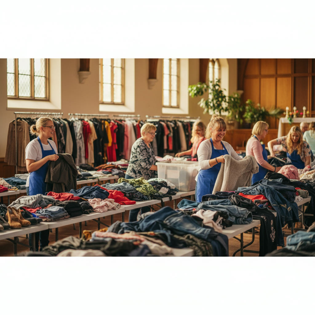 Church hall rummage sale tables clothing volunteers — how to find rummage sales near you guide (FlipAI)