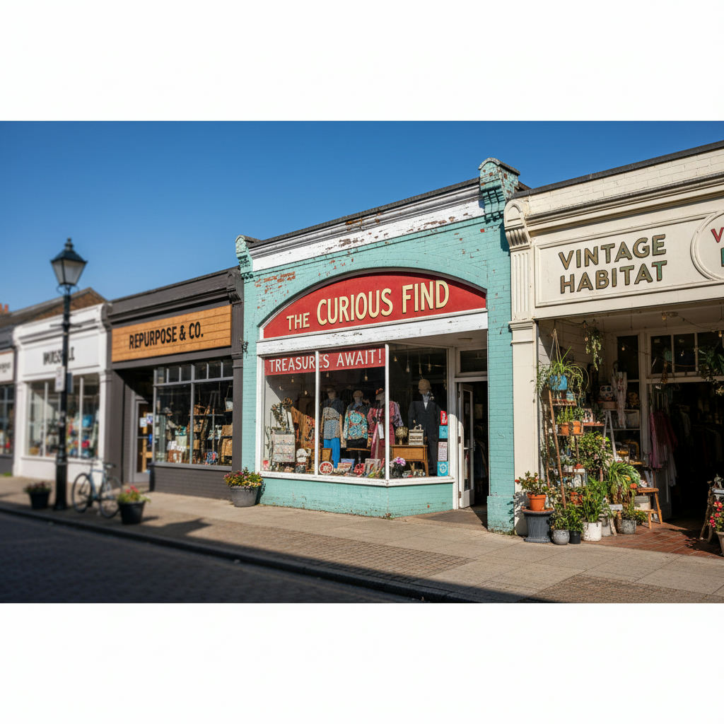 Thrift store storefront row of shops daytime — how to find the best thrift stores near you guide (FlipAI)