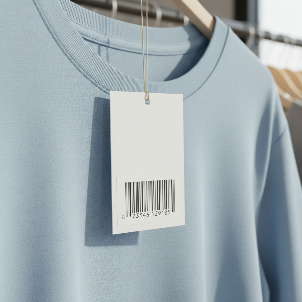 Clothing hangtag barcode label close up on shirt — how to read a garment barcode guide (FlipAI)