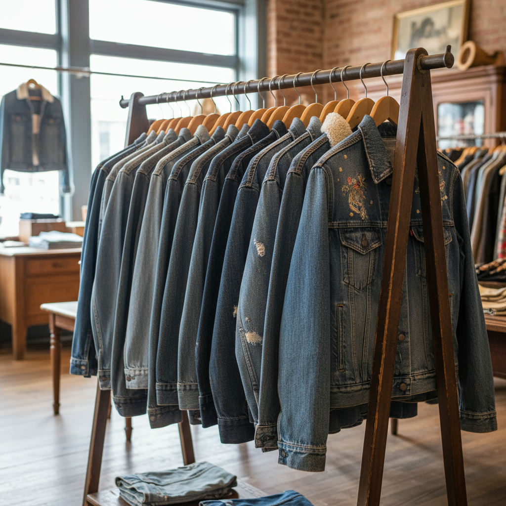 Vintage clothing store racks denim jackets — how to shop vintage clothing stores guide (FlipAI)