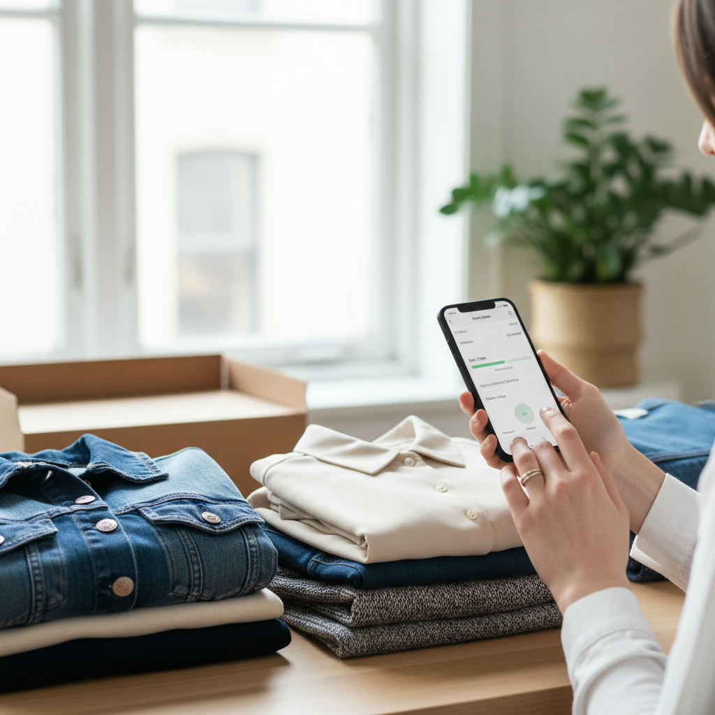 Seller calculating fees on phone with clothes — how to use depop fee calculator step by step guide (FlipAI)
