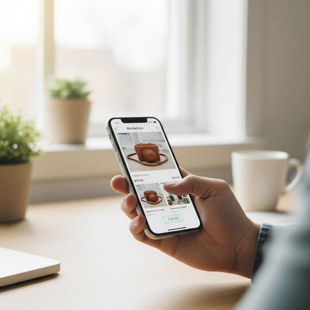 Person listing item for sale on phone marketplace — how to use mercari fee calculator step by step guide (FlipAI)