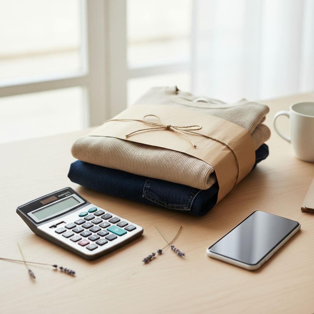 Clothing packaged with calculator and phone — how to use poshmark fee calculator step by step guide (FlipAI)