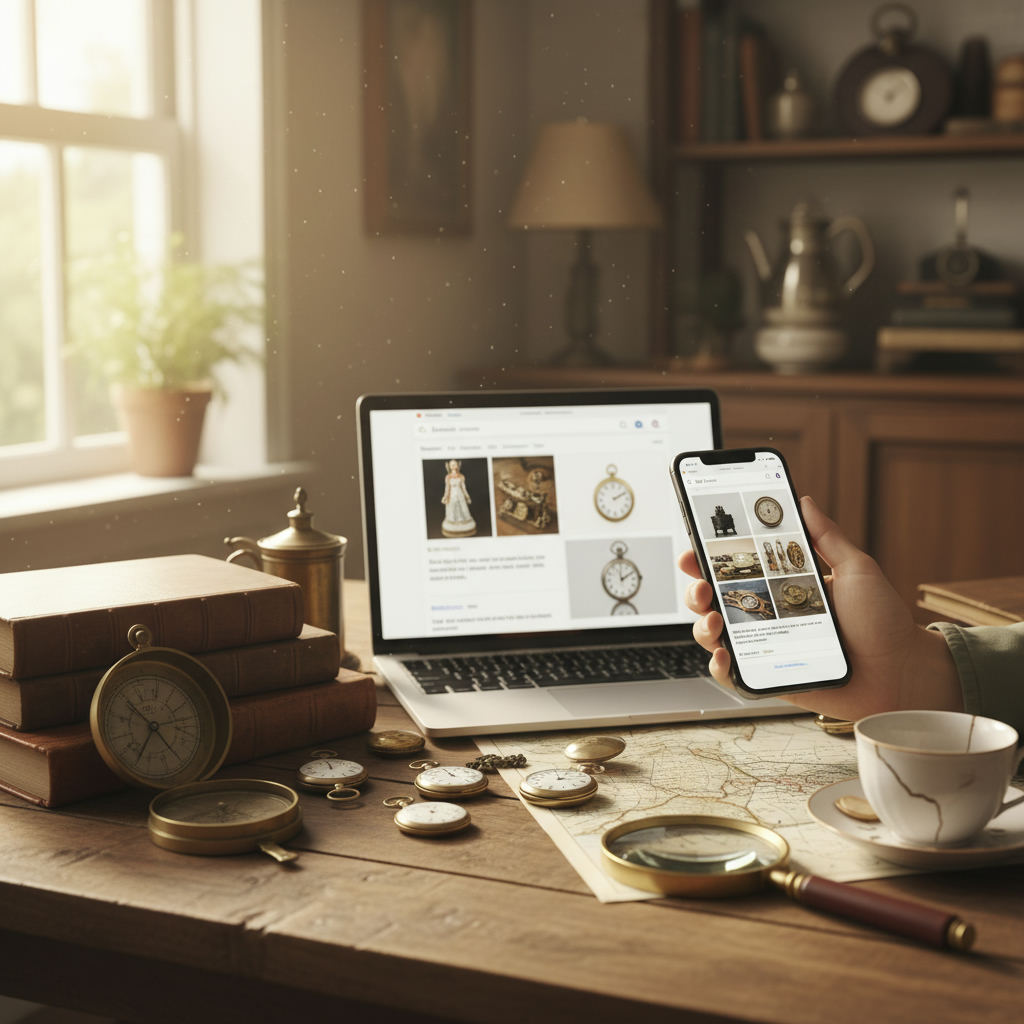 Antique collectibles being researched on phone and laptop — how to use worthpoint alternative step by step guide (FlipAI)