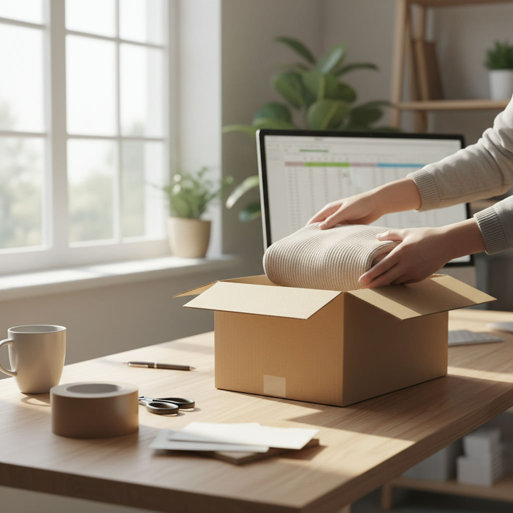 Packing a shipping box at home office desk — is mercari safe to sell on guide (FlipAI)