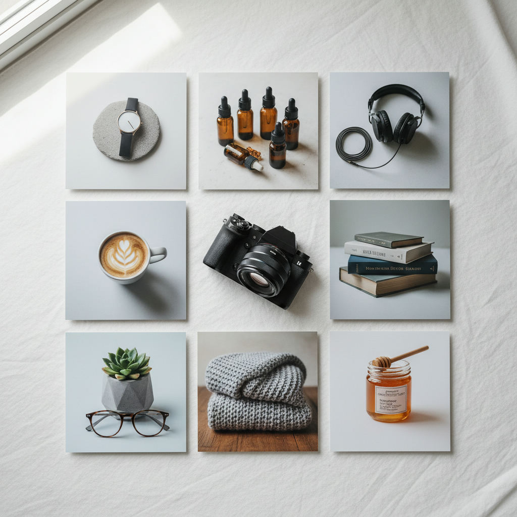 Multiple product photos grid camera flat lay — multi photo AI for resellers Missouri guide (FlipAI)