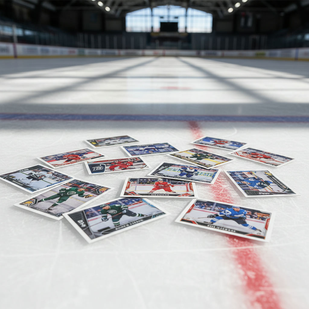 Hockey trading cards on rink ice background — sell NHL hockey cards in Pennsylvania guide (FlipAI)