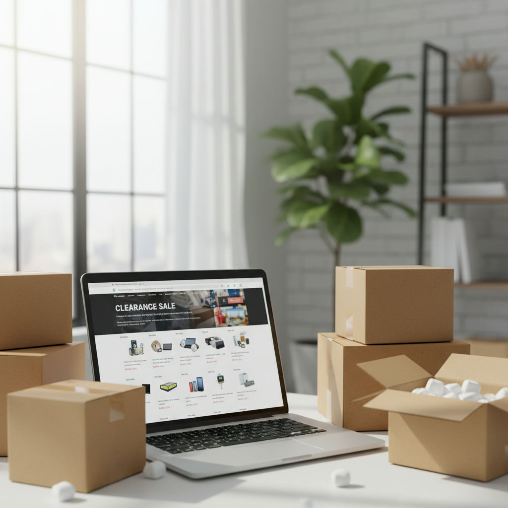 Laptop showing retailer clearance page with boxes — online arbitrage guide (FlipAI)