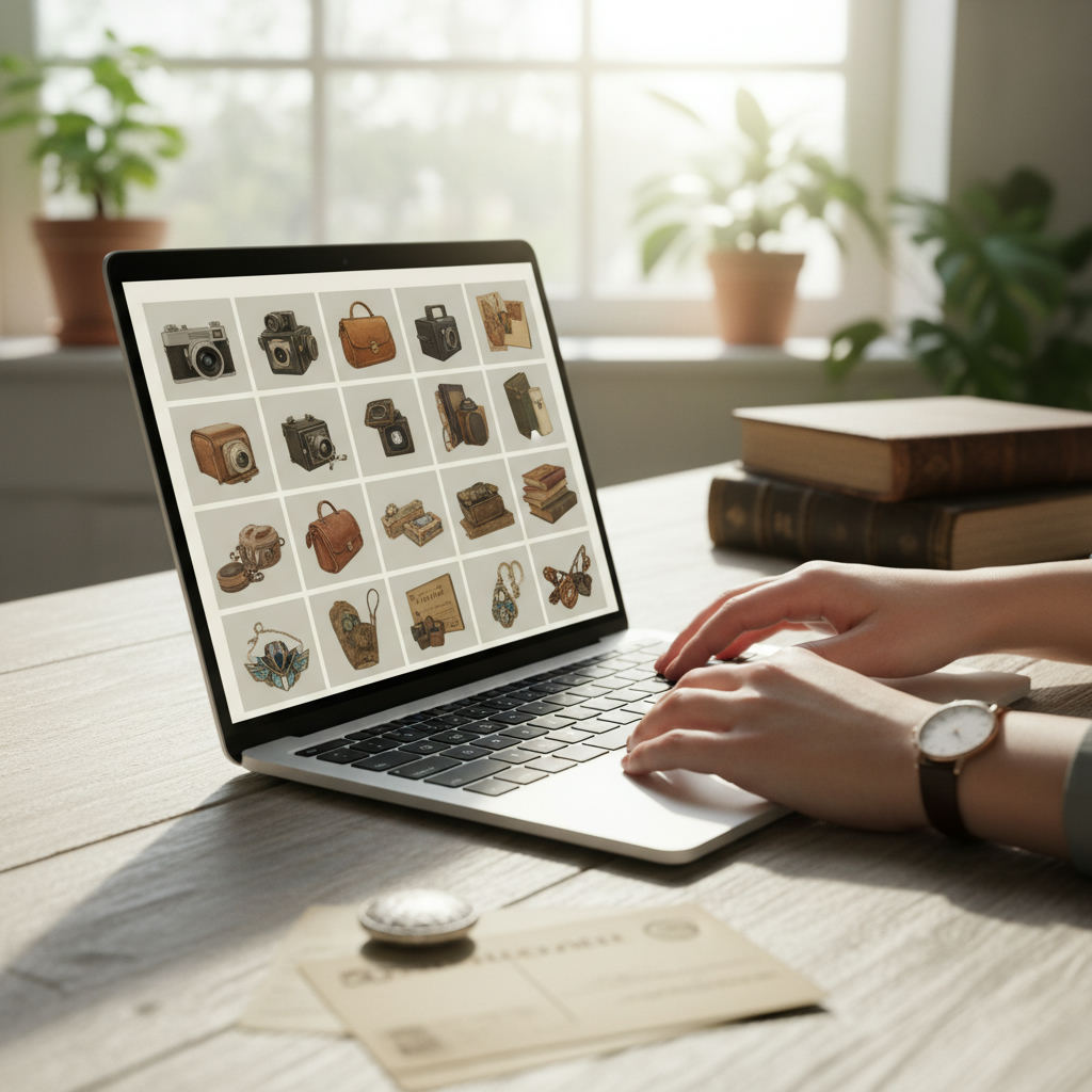 Online marketplace browsing vintage goods laptop — online flea market guide (FlipAI)