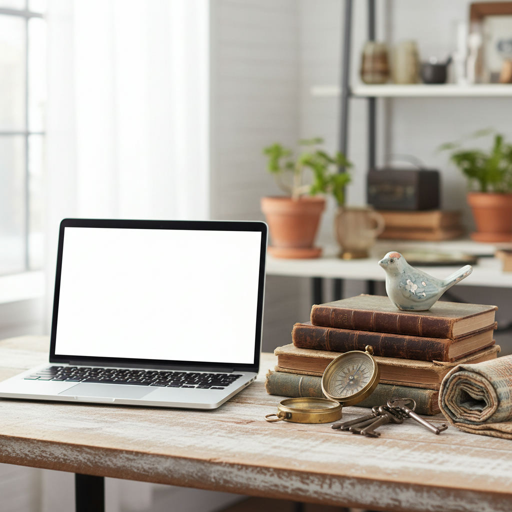 Flea market goods and laptop side by side — online flea markets guide (FlipAI)
