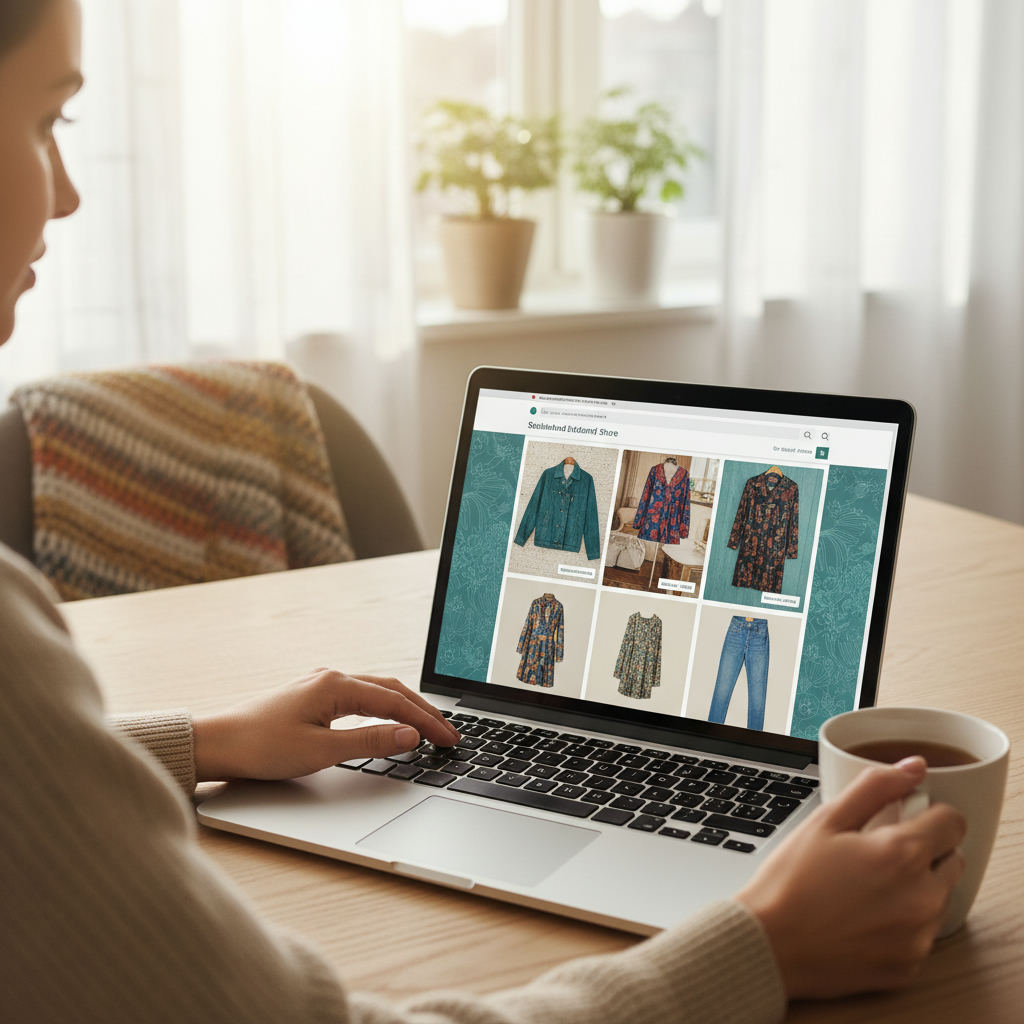 Laptop browsing online secondhand clothing store — online thrift store guide (FlipAI)