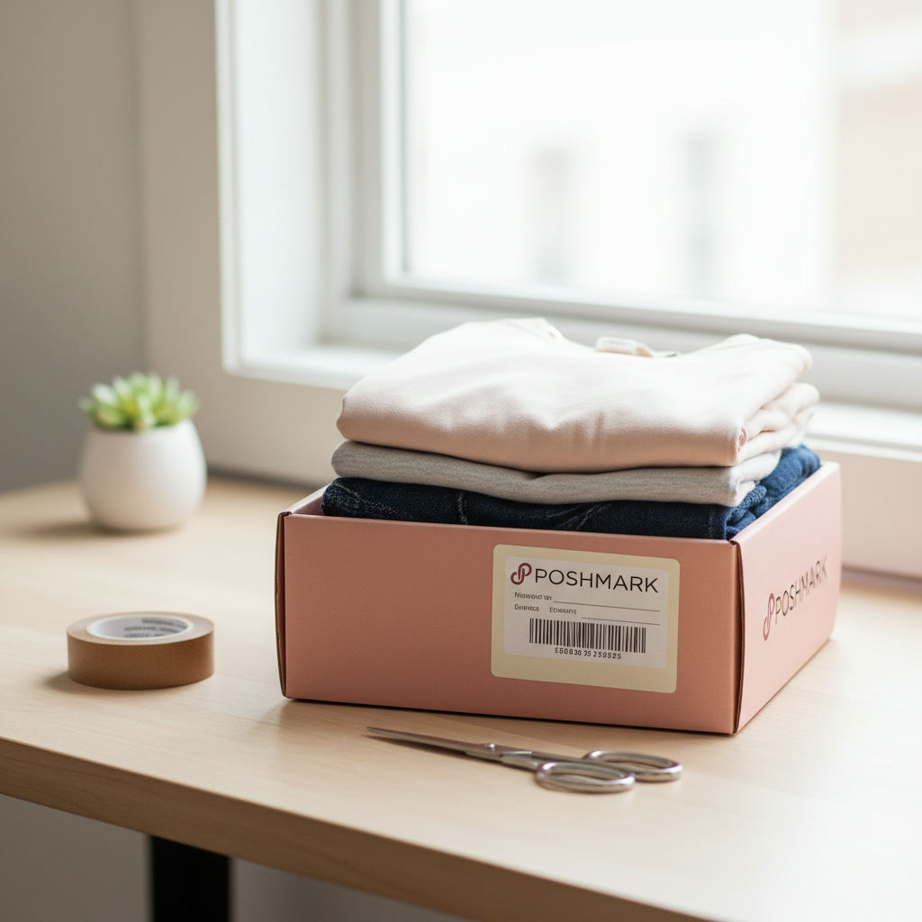 Poshmark clothing packaging shipping label desk — poshmark fees guide (FlipAI)