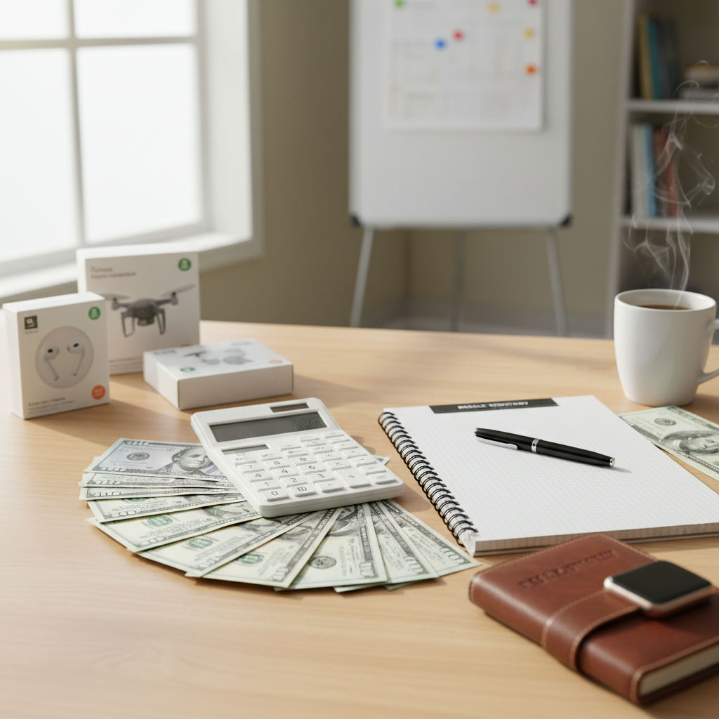 Calculator notebook money desk reseller planning — reseller profit calculator Wisconsin guide (FlipAI)