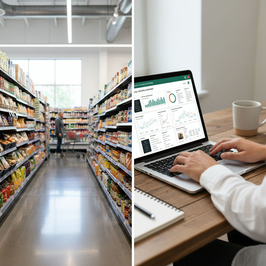Split scene store aisle and laptop sourcing — retail arbitrage vs online arbitrage guide (FlipAI)