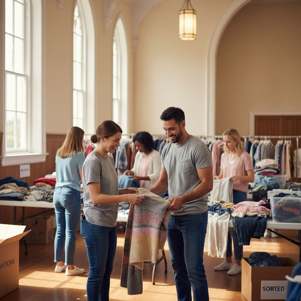 Church hall rummage sale volunteers sorting clothing — rummage sale near me guide (FlipAI)