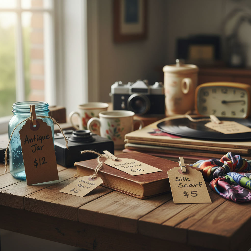 Handwritten price tags on secondhand items table — rummage sale pricing tips guide (FlipAI)
