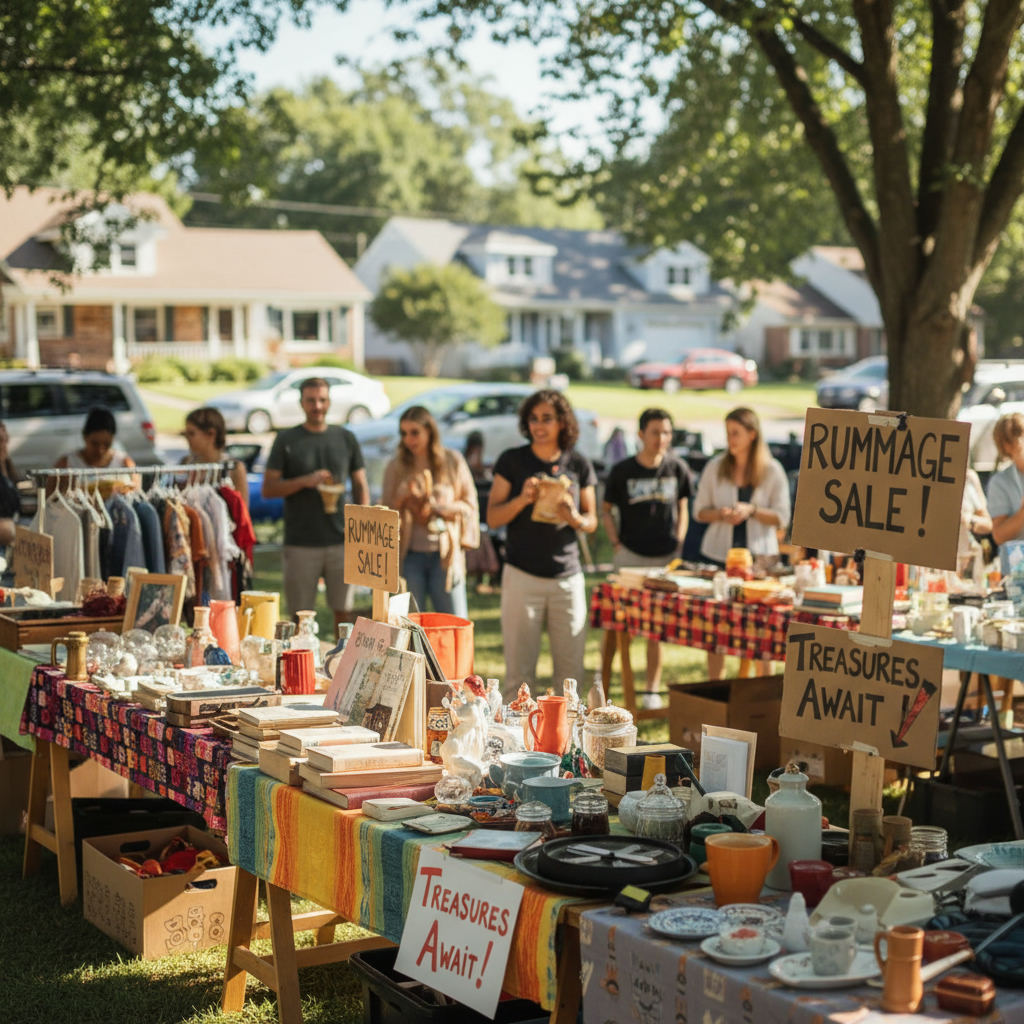 Neighborhood rummage sale signs tables of goods — rummage sales near me guide (FlipAI)
