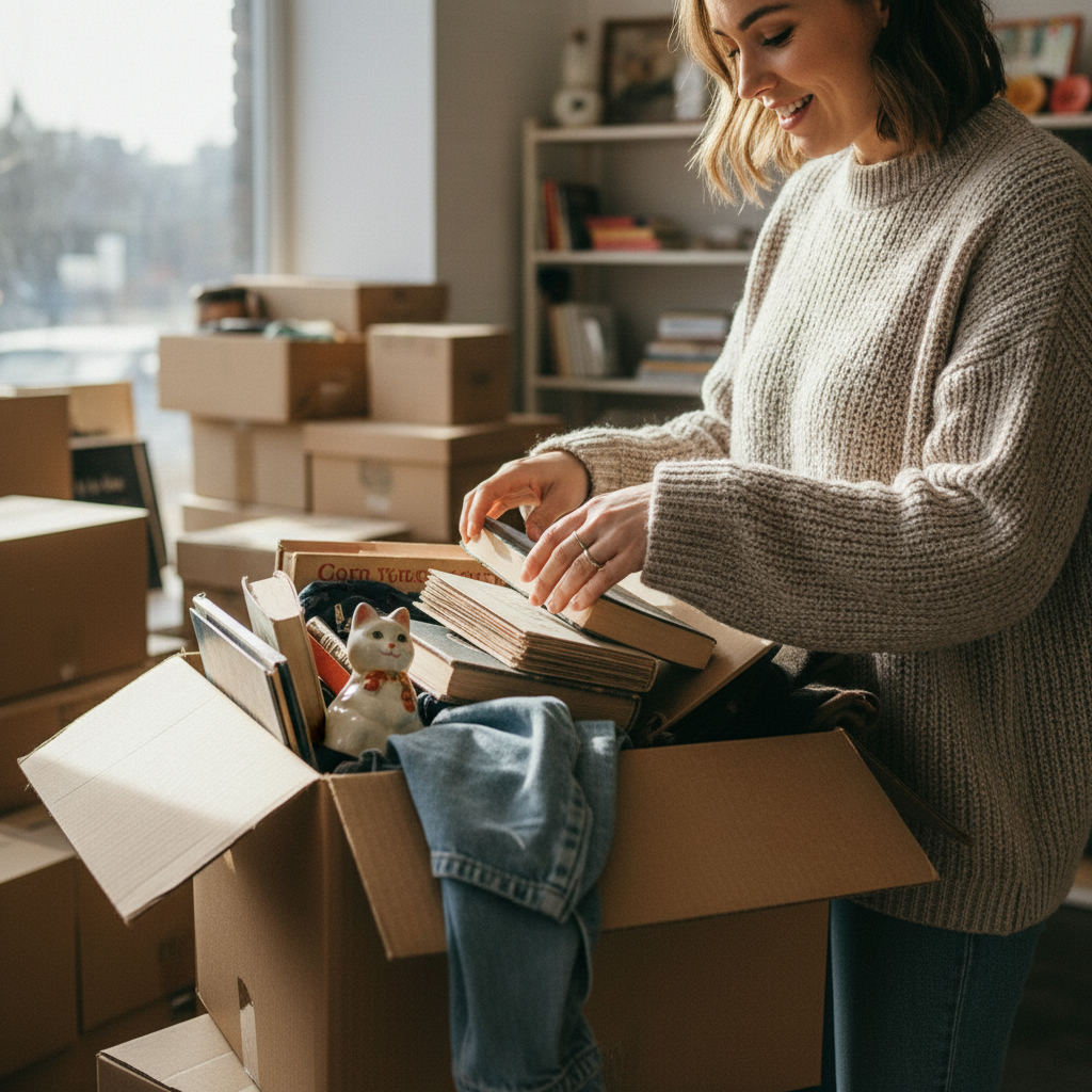 Person digging through boxes of secondhand goods — rummaging for resale items guide (FlipAI)